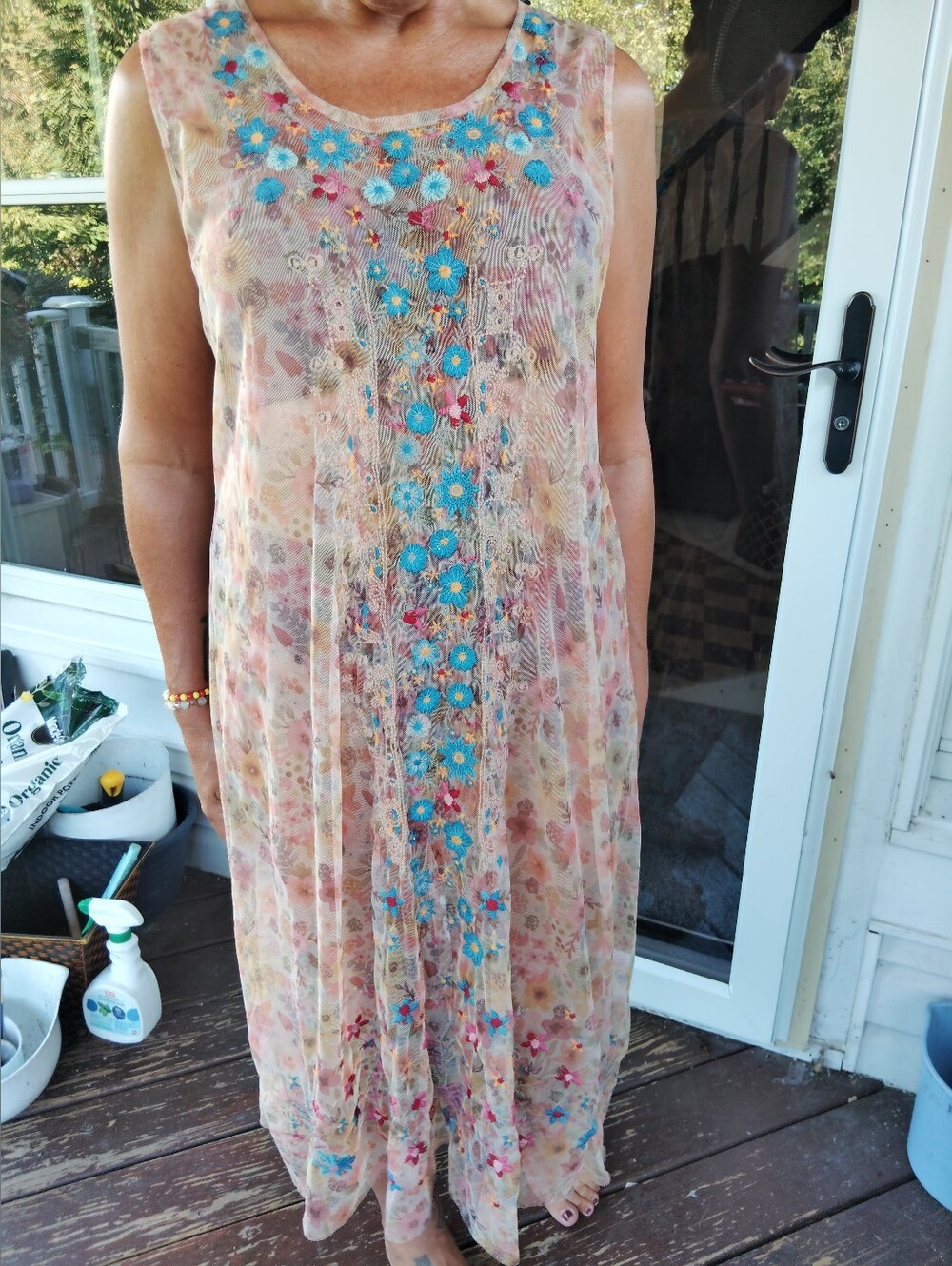 Johnny Was Peach Floral Maxi Dress with Turquoise Embroidery XL